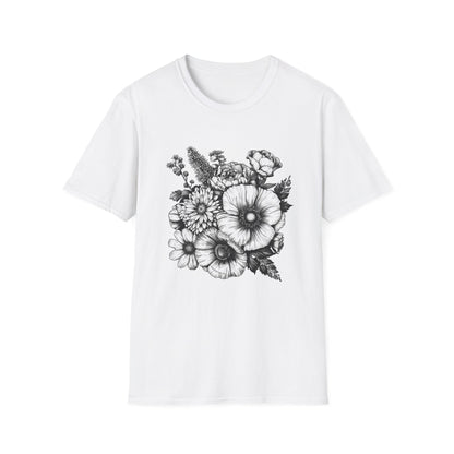 Blooming Brilliance: Hand-Drawn Floral T-shirt 
 Nature's Canvas: Hand-Drawn Botanical Symphony T-shirt