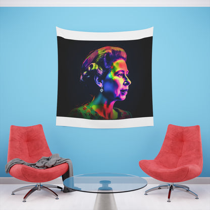 Her Majesty's Neon Reign: Young Elizabeth Tapestry | Wall Tapestry | All Over Print, AOP, Decor, Halloween, Home & Living, Home Decor, Indoor, Spring Essentials, Sublimation, Tapestry | Prints with Passion