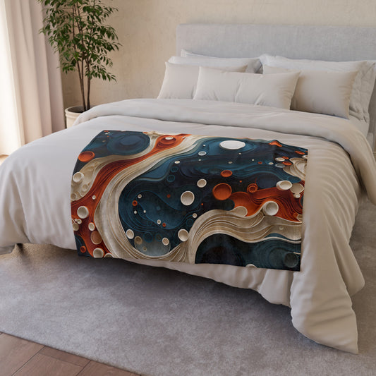 a masterpiece inspired by the Xuliban style of artist Mike Ruiz. Crochet enthusiasts will appreciate the intricate patterns and textures that make this blanket a true work of art. The blend of bold circles and amoeba-like shapes brings a touch of whimsy to any room