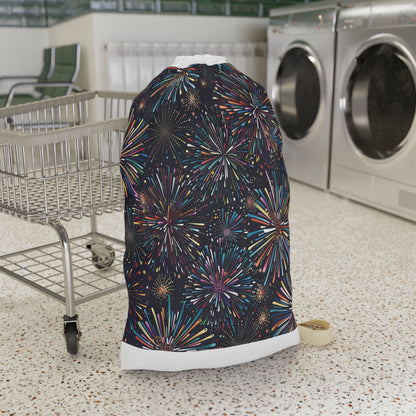 "Colorful festive fireworks laundry bag for a fun laundry experience"