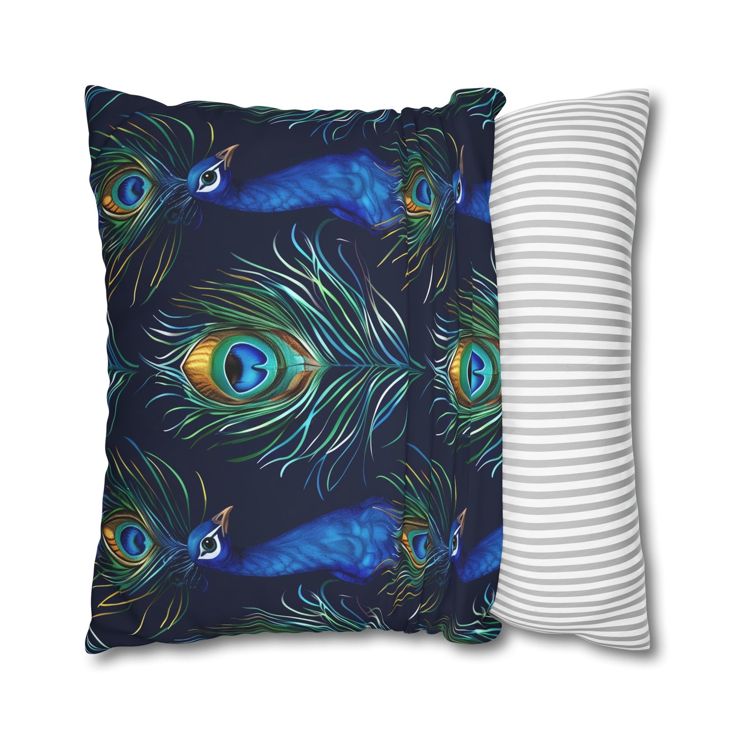 "Soft blue peacock feathers pillowcase with vibrant seamless pattern, stylish decor accent"