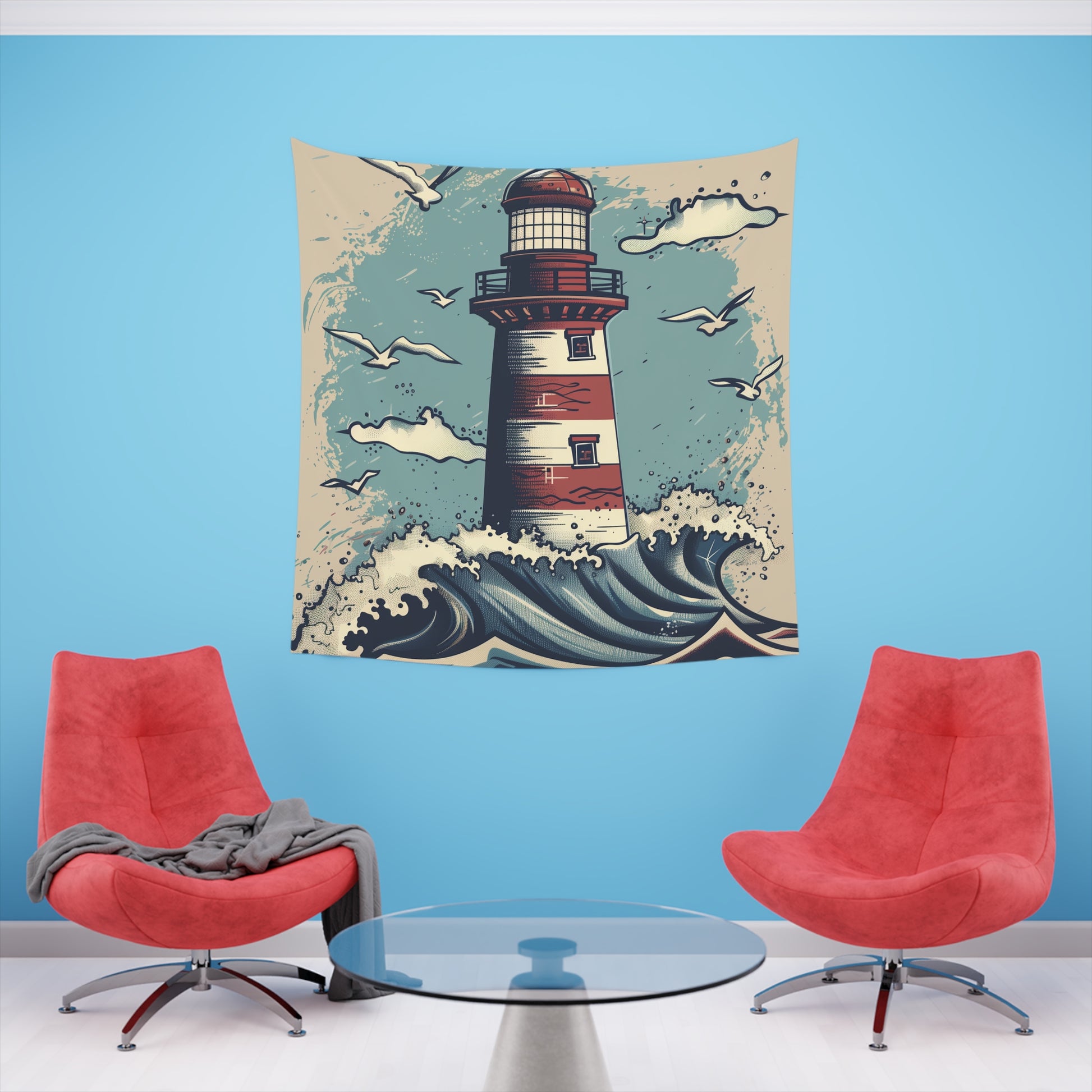 Ocean's Embrace: A Lighthouse Tapestry | Wall Tapestry | All Over Print, AOP, Decor, Halloween, Home & Living, Home Decor, Indoor, Spring Essentials, Sublimation, Tapestry | Prints with Passion