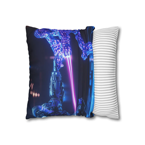 Robot Knight Dueling Holographic Enemy — 40×40 Cushion Cover — Soft Brushed Fabric Texture Close-Up