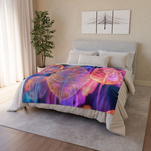 Dreamscape with Levitating Neon Leaves — Plush Fleece Throw Blanket — Product Detail View 9