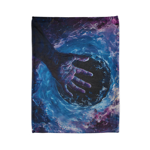 Cosmic Hand Reaching from Black Hole — Plush Fleece Throw Blanket — Folded Plush Blanket Detail