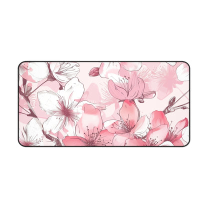 "Elegant Cherry Blossom desk mat for stylish workspace, soft pink and white seamless pattern"