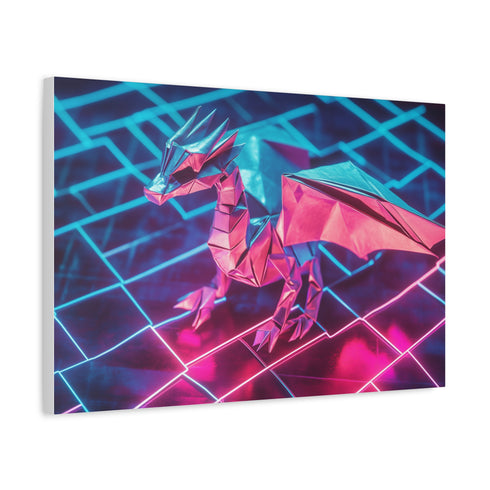 Origami Dragon over a Neon Grid — Canvas Wall Art — Side Profile & Stretched Corner Detail