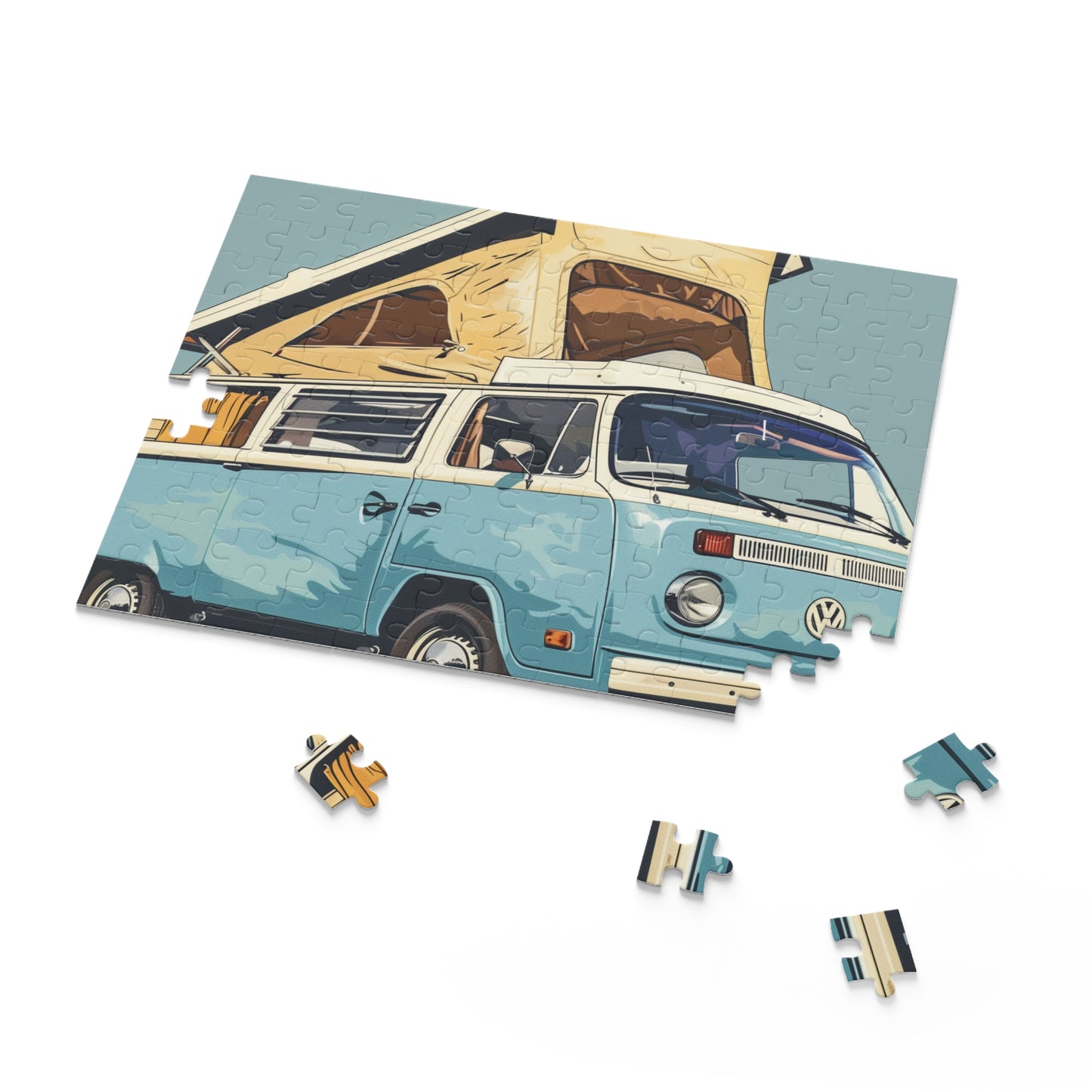 "Charming light blue camper van jigsaw puzzle for nostalgic adventures"