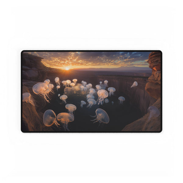 Sunset Canyon with Floating Bioluminescent Jellyfish (Edition II) — XL & XXL Desk Mat — Gaming & Workspace Desk Setup View
