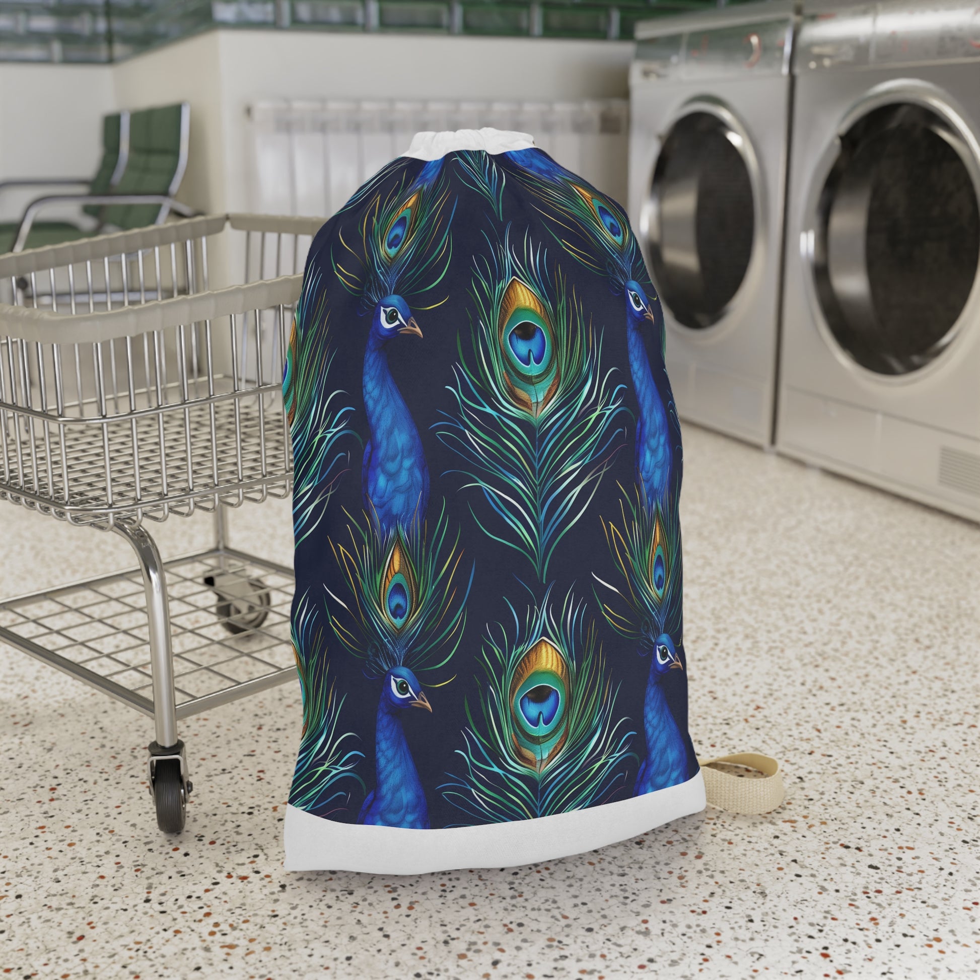 Luxurious Peacock Blue Laundry Bag with Vibrant Feathers Pattern - Ideal for Stylish Laundry Transport