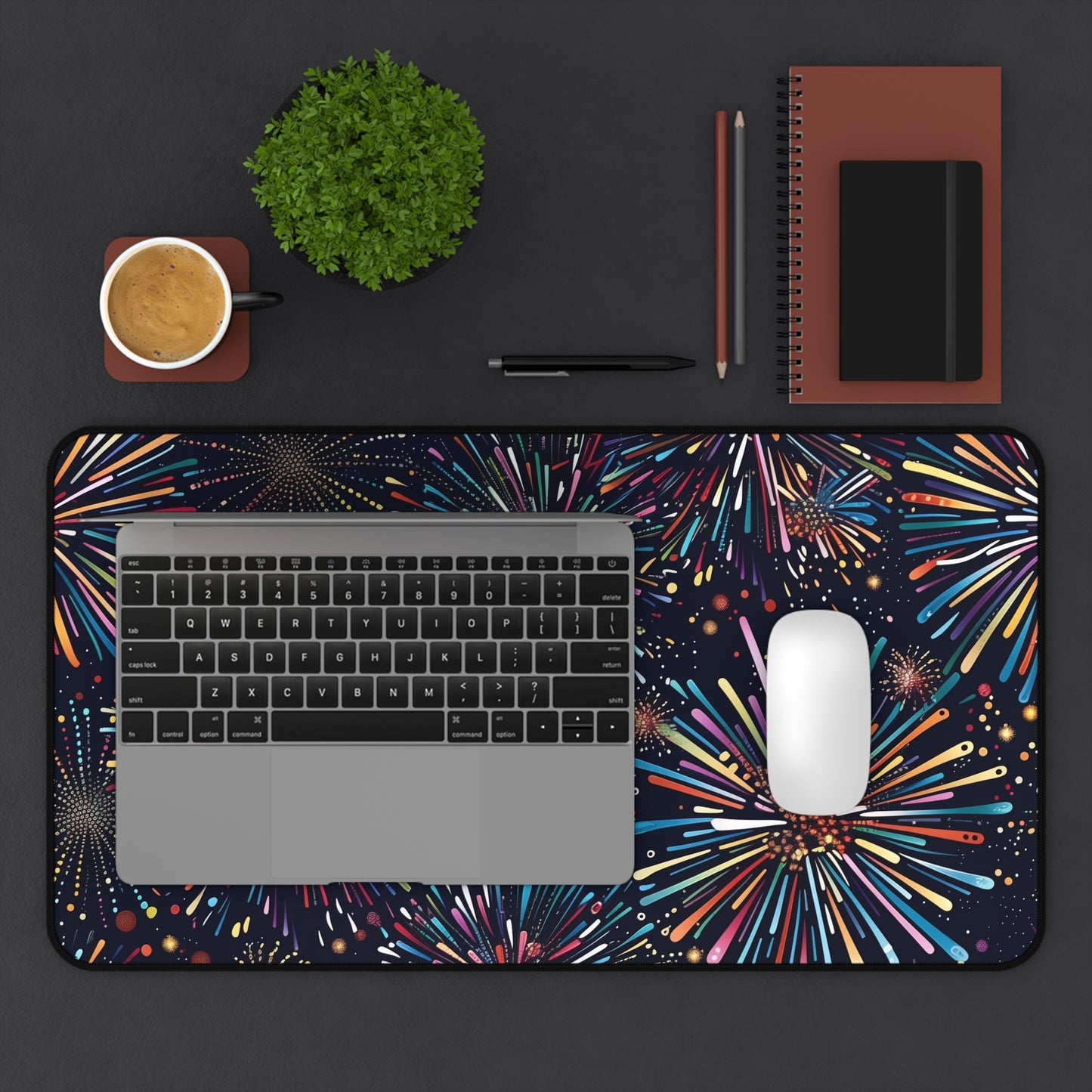 "Festive Fireworks Desk Mat - Add energy to your workspace with vibrant seamless pattern design"