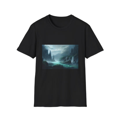 Beyond the Brink: Where Fantasy Meets the Unknown | T-Shirt | Cliffs, Edge of the world, Fantasy landscape, Mist, Mountains, Ocean, Rocks, Sunset, Trees, Waterfalls | Prints with Passion