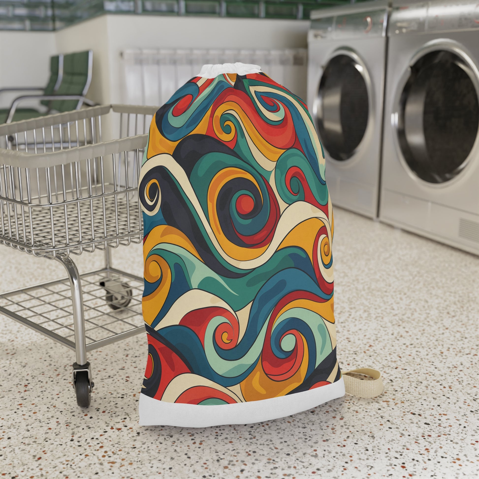 "Vibrant Retro Waves Pattern Laundry Bag - Stylish and practical laundry transport solution"