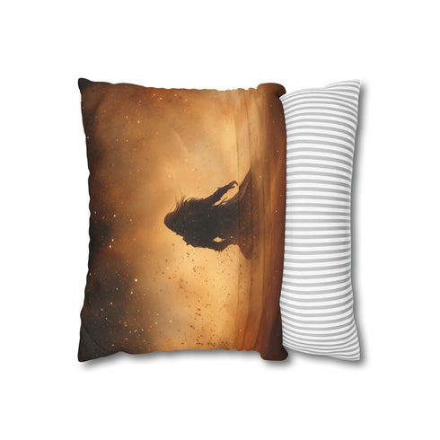 Warrior Standing in Cosmic Sandstorm — 40×40 Cushion Cover — Sofa & Living Room Lifestyle View