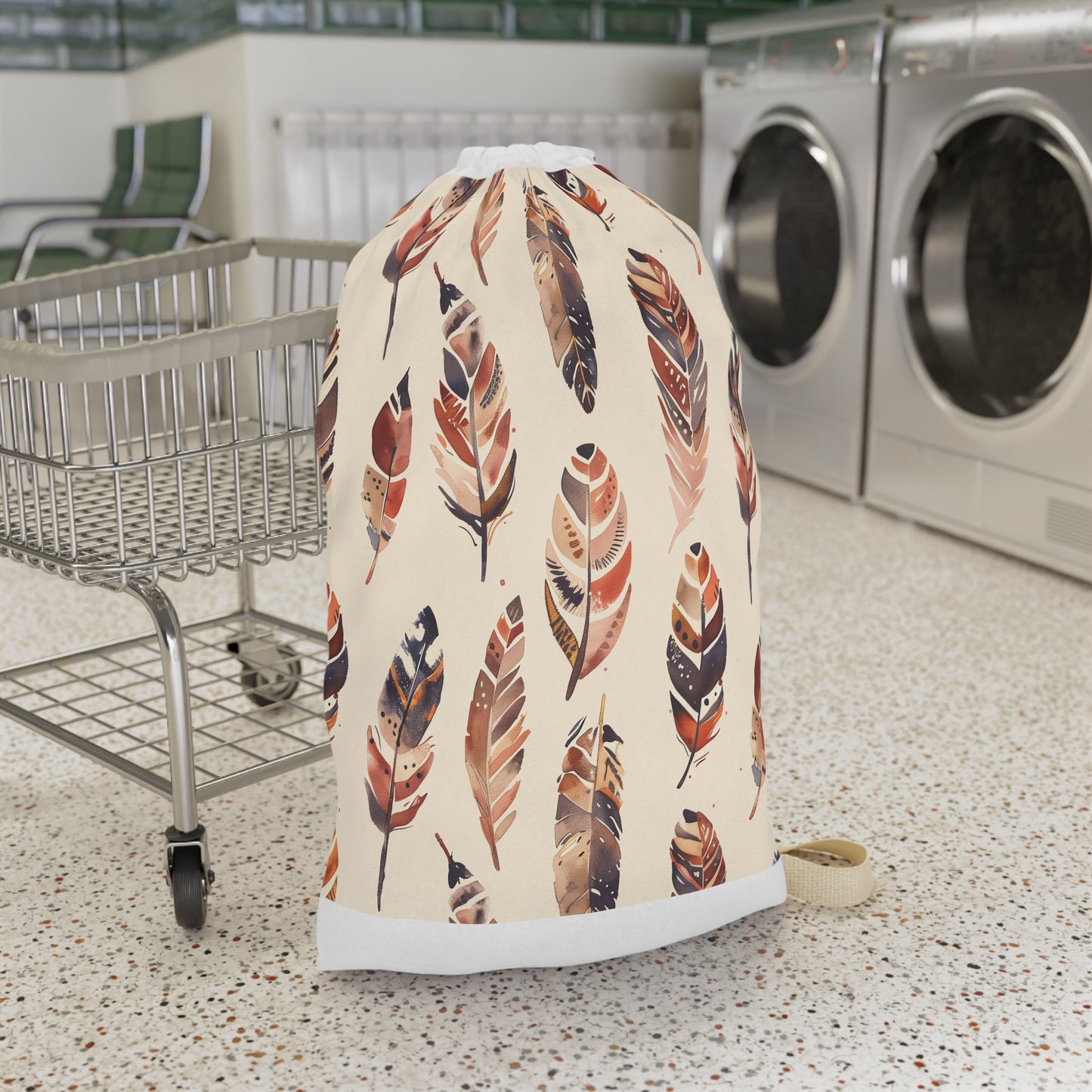 "Boho feathers laundry bag with seamless pattern for stylish laundry transport"