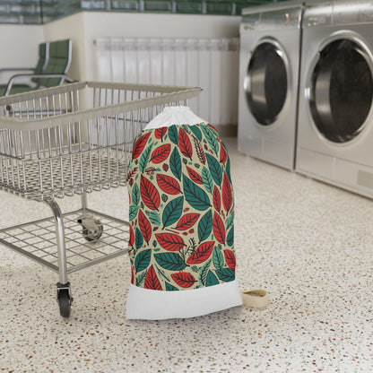 Ferret Leaf Pattern Laundry Bag - Stylish green and red leaf design, soft and durable fabric, perfect for transporting laundry in style