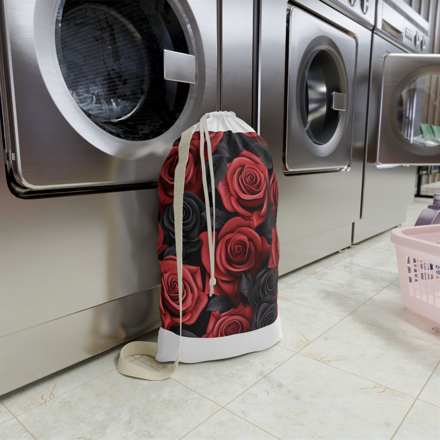 "Stylish Rose Blossom Laundry Bag with 3D red, pink, and black roses for organized laundry room"