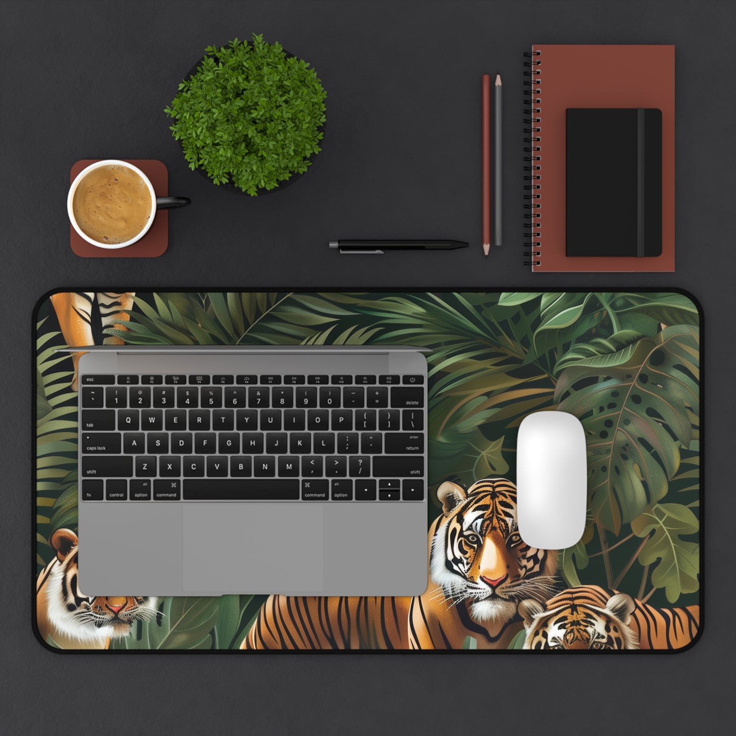 "Transform your desk with Jungle Safari Tiger Desk Mat, featuring seamless jungle pattern and majestic tigers for a wild adventure."