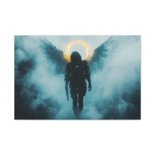 Cyberpunk Angel Walking through Fog Stretched Canvas Wall Art