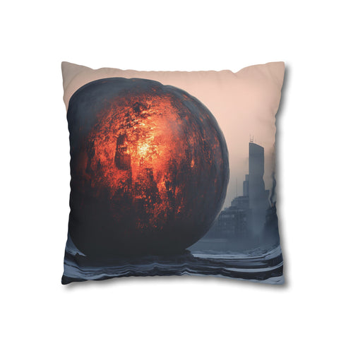 Lava Sphere Orbiting Frozen City (Edition II) — 40×40 Cushion Cover — Double-Sided Back & Concealed Zip Detail