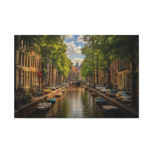 Amsterdam Golden Hour Canal Houses Painted Stretched Canvas Wall Art - View 2 | Prints With Passion