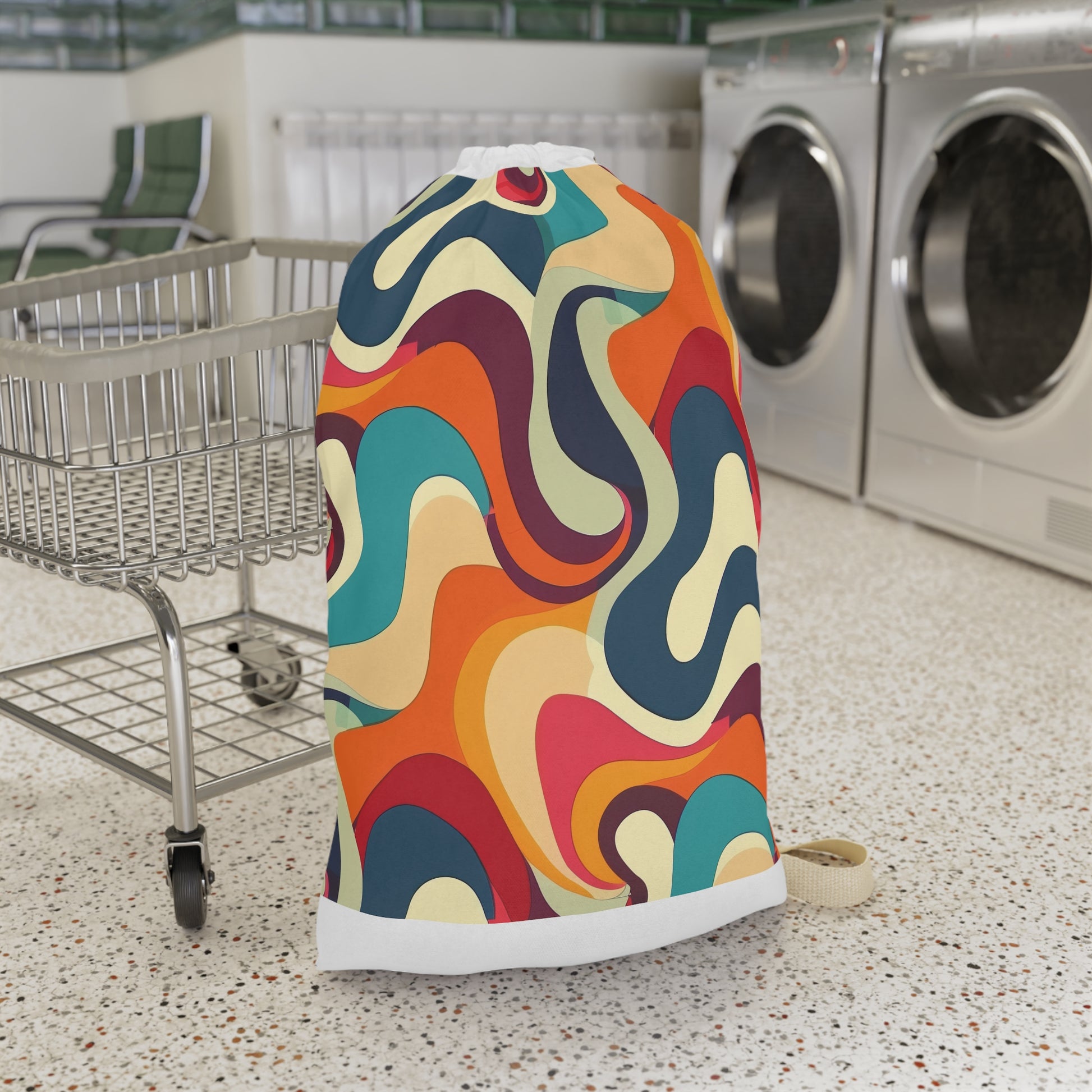 "Retro Waves laundry bag with vibrant colors for organized laundry routine"