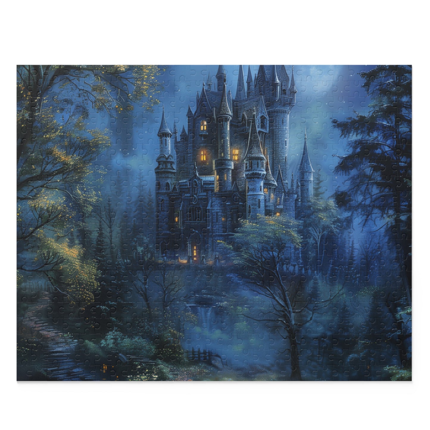 "Enchanting Moonlit Forest Castle Jigsaw Puzzle for immersive entertainment"