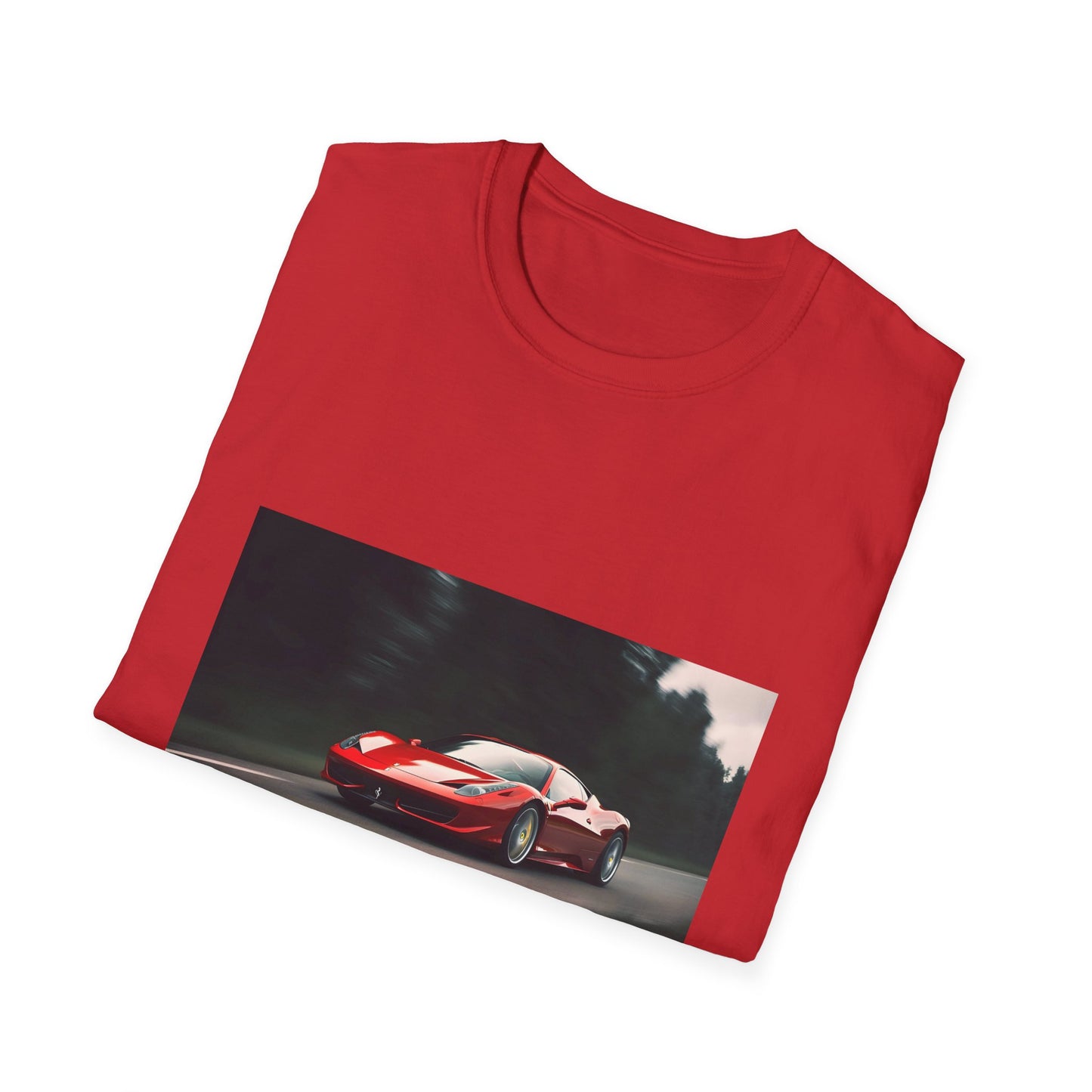 Alt text: "Vibrant Ferrari racing on the circuit, capturing the essence of speed and power on our 'Adrenaline Rush on the Racing Circuit' T-shirt"