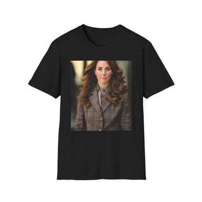 Kate Middleton inspired t-shirt featuring soft brushstrokes and a sophisticated color palette, celebrating the elegance and grace of royalty. Ideal for those who admire her timeless style and unwavering commitment to her role.