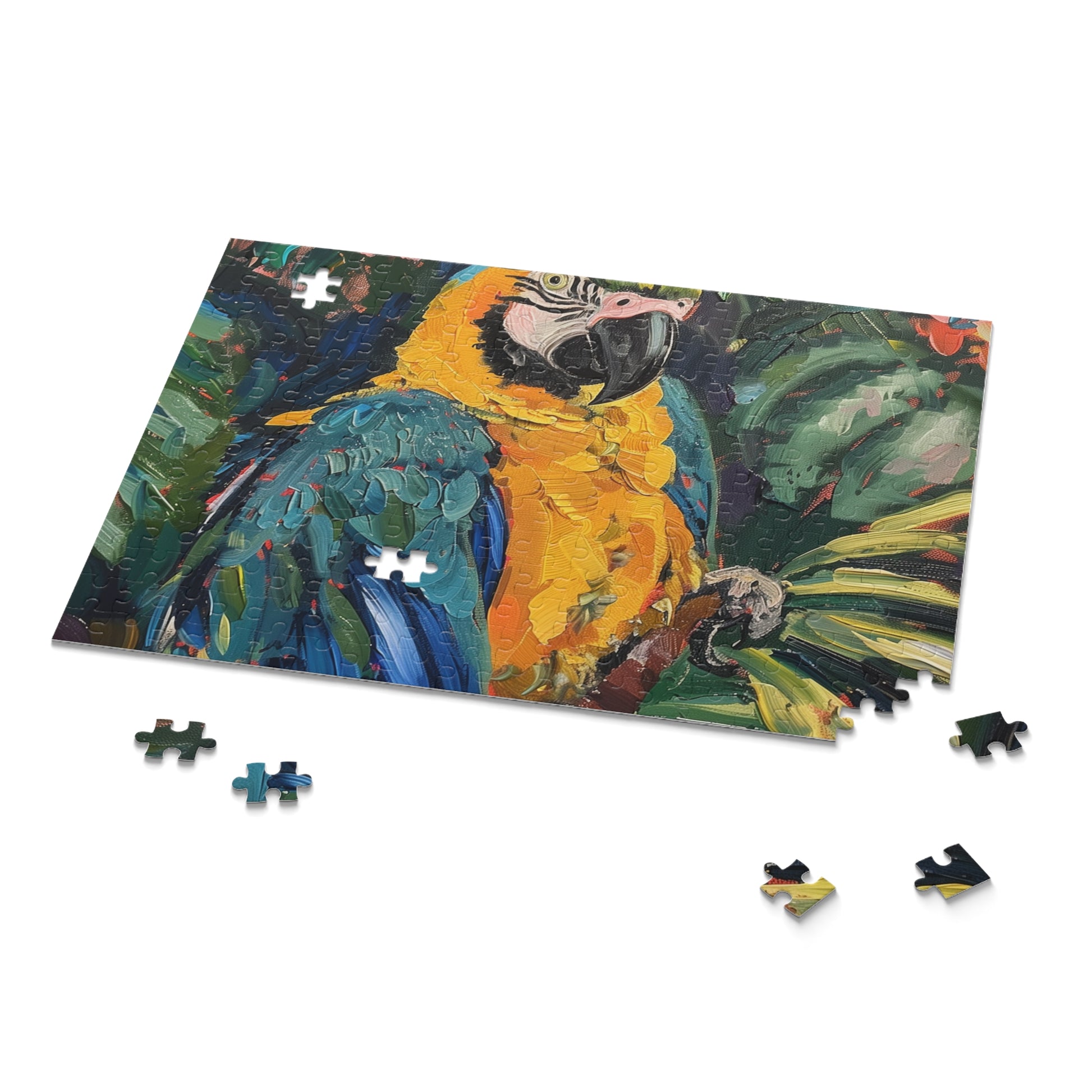 Colorful parrot paradise jigsaw puzzle set in lush tropical scene, perfect for relaxation and all ages