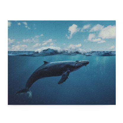 Tranquil Whale Oasis Jigsaw Puzzle - Serene ocean scene with majestic swimming whale, perfect for relaxation and mindfulness