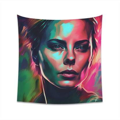 "Charlize in Neon Watercolor Tapestry: Vibrant Portrait of Strength and Beauty"