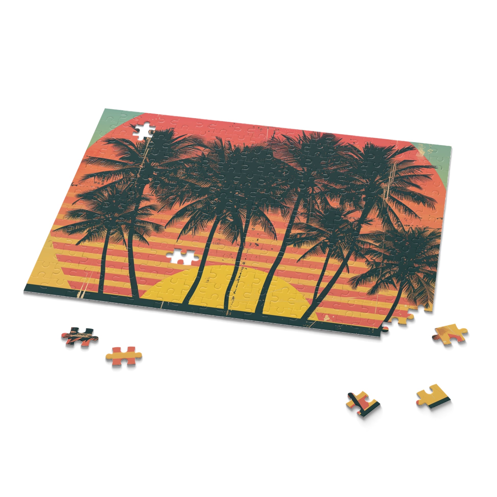 Retro sunset palm tree jigsaw puzzle - perfect nostalgic escape for relaxation & unwinding