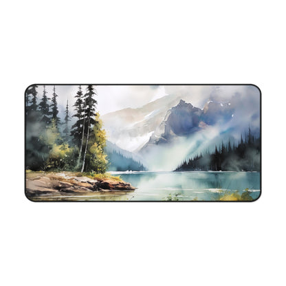 "Wilderness Lake Desk Mat - Tranquil forest scene for a nature-inspired workspace"