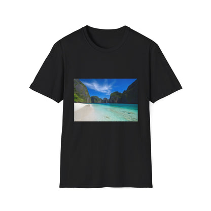 Azure Paradise in the Heart of the Sea | T-Shirt | Create a list numbered 1 to 10 of just relevant longtail keywords for a tshirt of maya bay day, Create a list numbered 1 to 10 of just relevant negative keywords for a tshirt of maya bay day, do not mention anything about the product price or products dimensions, do not mention anything about the product price or products dimensions and do not include # or @ or any other symbol. | Prints with Passion