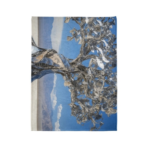 Mechanical Tree in Metallic Desert — Plush Fleece Throw Blanket — Product Detail View 10