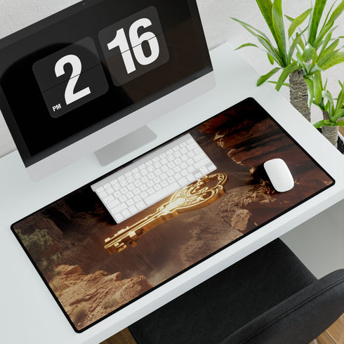 Mystic Key Floating over Canyon Altar — XL & XXL Desk Mat — 3mm Non-Slip Natural Rubber Base Detail