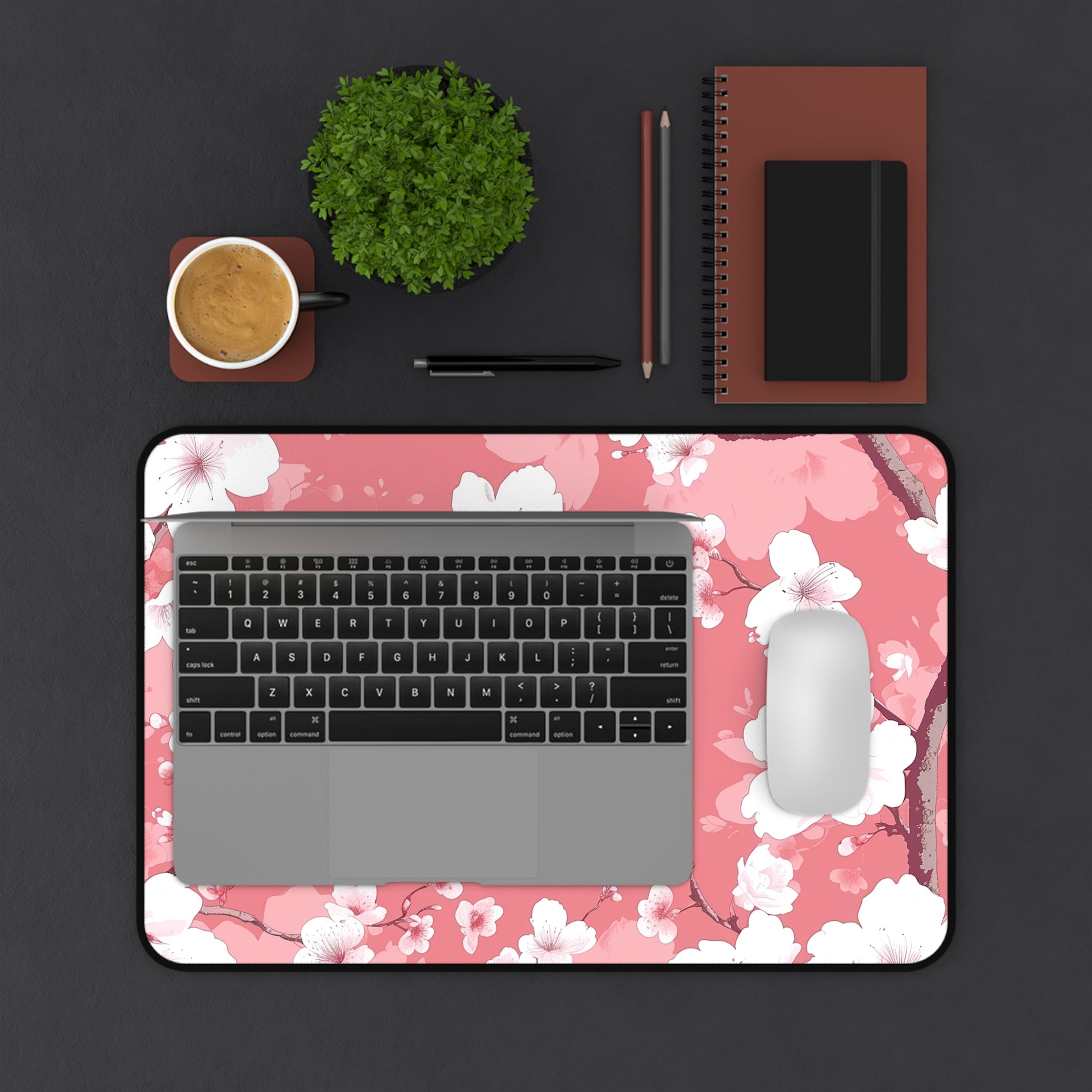 "Cherry Blossom Desk Mat - Add elegance to your workspace with seamless pink and white pattern, protects desk surface"