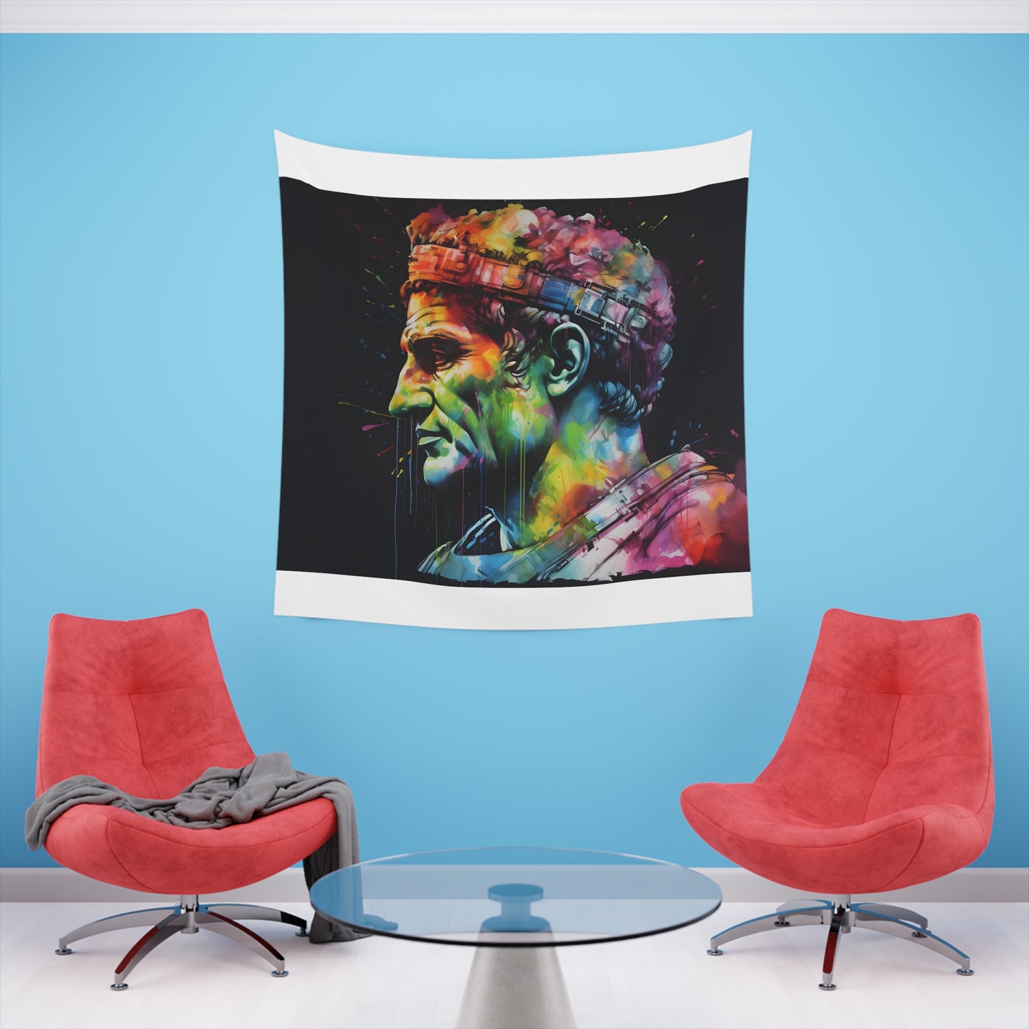 Neon Emperor: Caesar in Watercolor Tapestry | Wall Tapestry | All Over Print, AOP, Decor, Halloween, Home & Living, Home Decor, Indoor, Spring Essentials, Sublimation, Tapestry | Prints with Passion