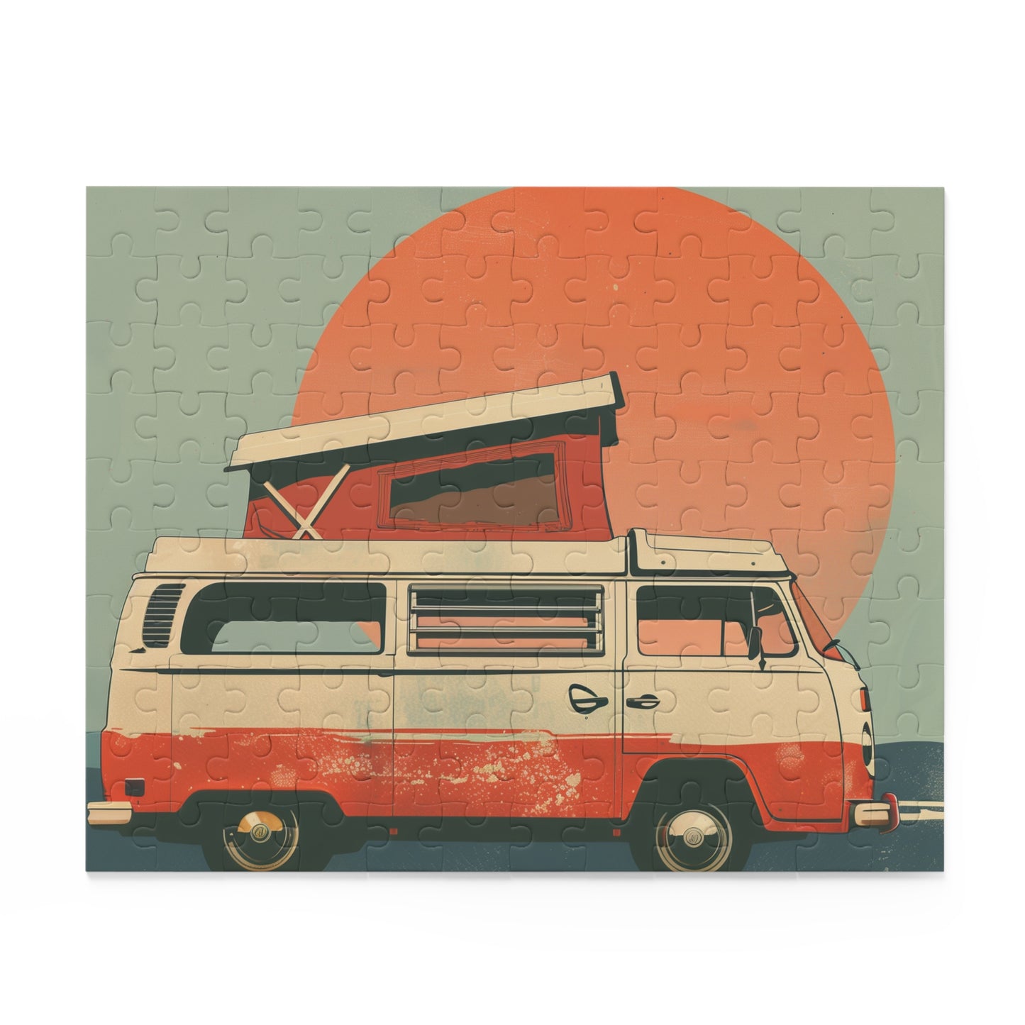 1000-piece Retro Camper Van Sunset Puzzle for travel and retro enthusiasts, vibrant sunset backdrop