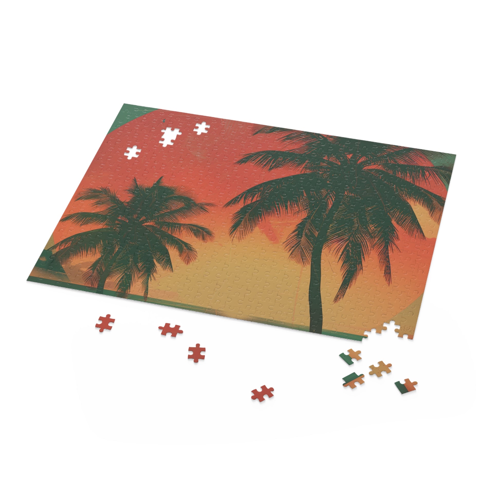 "Retro Sunset Palms Jigsaw Puzzle - Colorful and nostalgic design of a sunset over palm trees, perfect for relaxation"