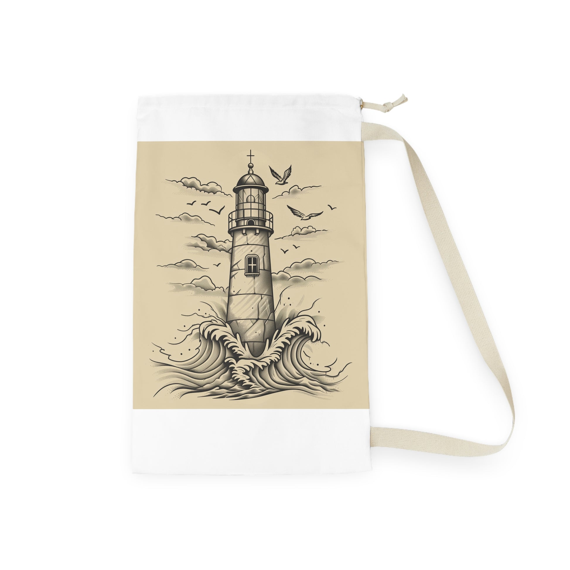 "Coastal-inspired light-up lighthouse laundry bag with waves design, adds nautical charm to laundry routine"