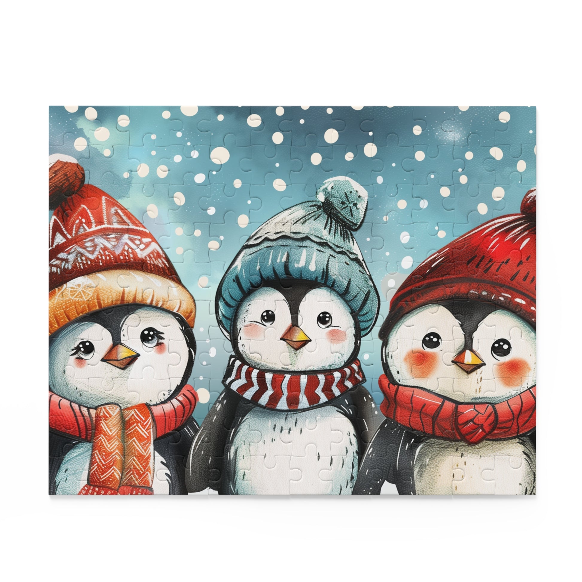 Charming Winter Penguins Jigsaw Puzzle for Animal Lovers - Fun and Cozy Penguins in Hats and Scarves Illustration - Perfect Holiday Activity