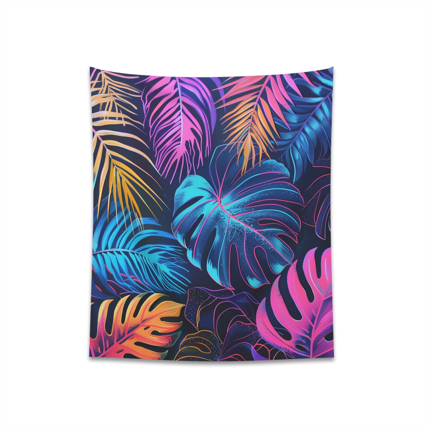 "Neon Oasis Tropical Paradise Tapestry - Vibrant palm trees in neon glow, perfect for modern decor. High-quality and stylish, makes a great gift. Available in two sizes, 34" x 40" and 57" x 57". Shop now at BenCPrints."