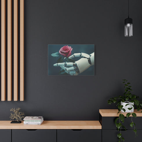 Cyber Roses Blooming from Robotic Hands Stretched Canvas Wall Art