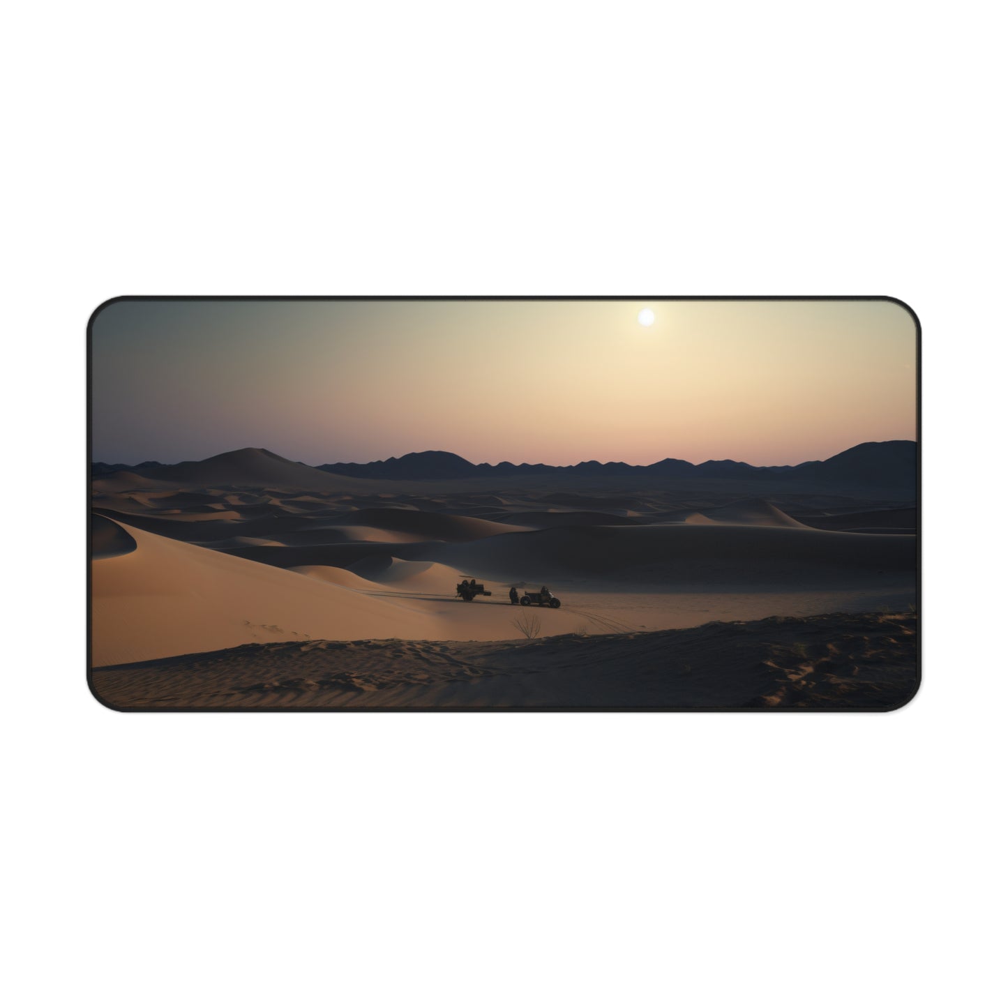 "Transform your workspace with Moonlit Desert Desk Mat - create a serene desert oasis on your desk with full moon over sand dunes"