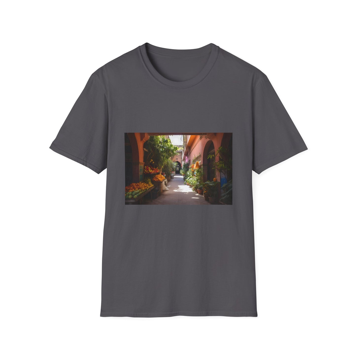 "Vibrant Marrakech-inspired T-shirt depicting bustling markets and lush gardens, evoking the warmth of the Moroccan sun and intoxicating spices. Embrace cultural diversity with this colorful masterpiece."