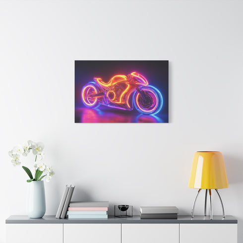 Retro Motorcycle with Neon Trail Stretched Canvas Wall Art