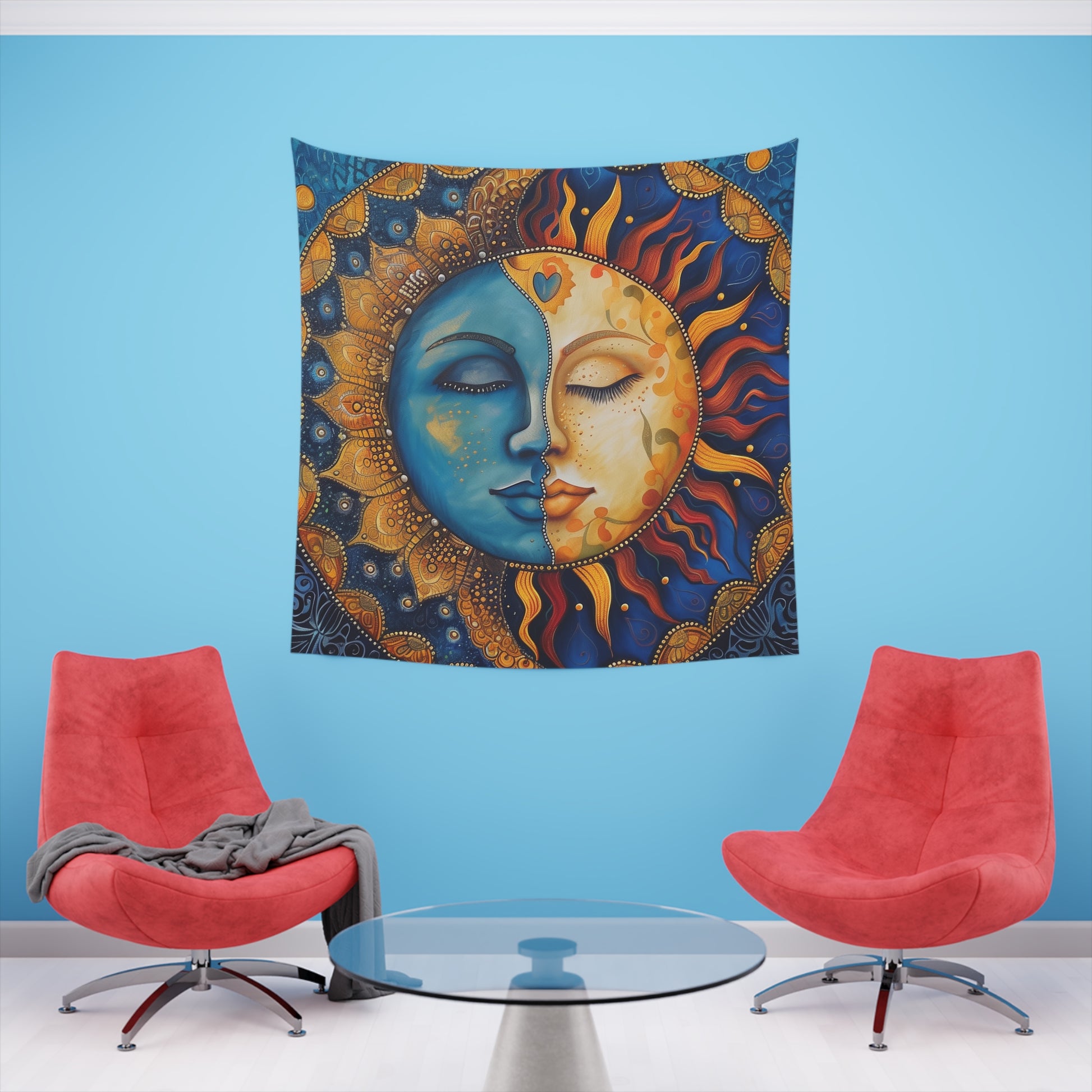 Sun & Moon Mandala: A Celestial Tapestry | Wall Tapestry | All Over Print, AOP, Decor, Halloween, Home & Living, Home Decor, Indoor, Spring Essentials, Sublimation, Tapestry | Prints with Passion