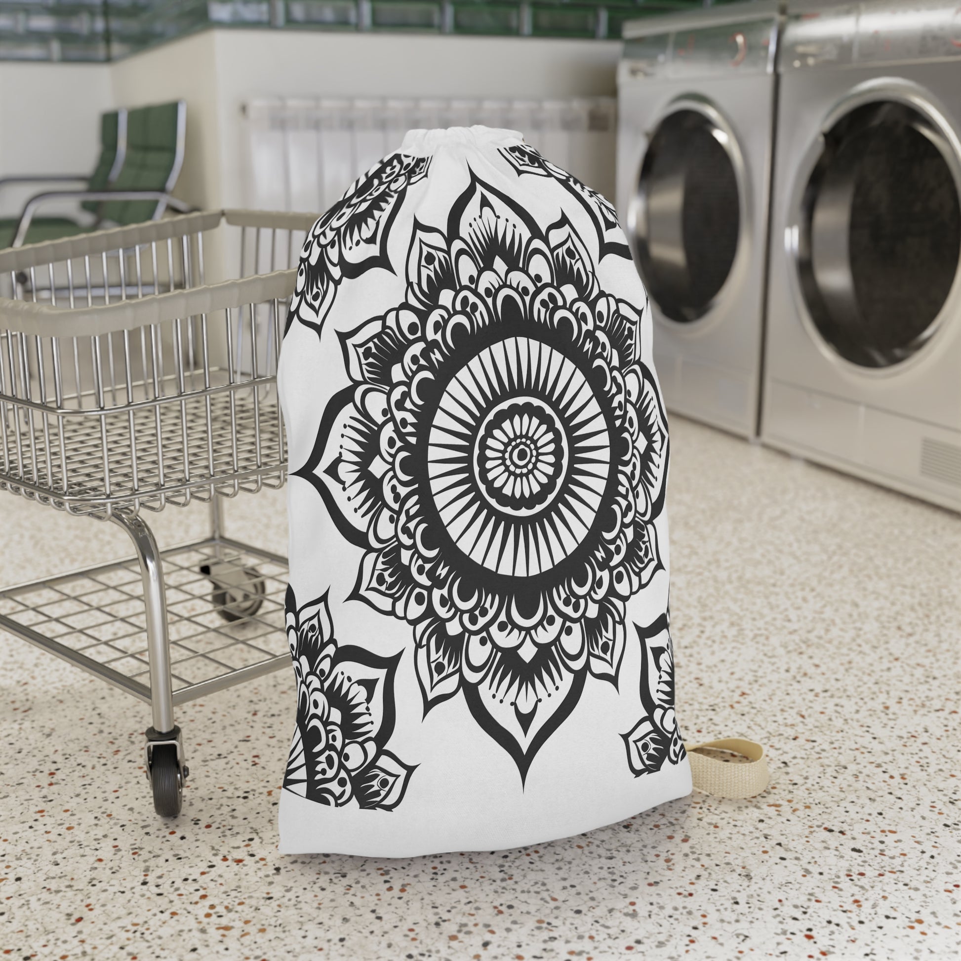 Zen Mandala Laundry Bag - Bring tranquility to laundry day with calming mandala pattern on this stylish bag.